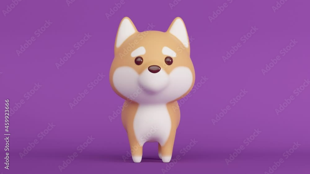 Cute Shiba Inu dog on a lilac background. Minimal modern seamless motion design. Abstract animation. 3d rendering Cute Shiba Inu dog on a lilac background. Minimal modern seamless motion design. Abstract animation. 3d rendering