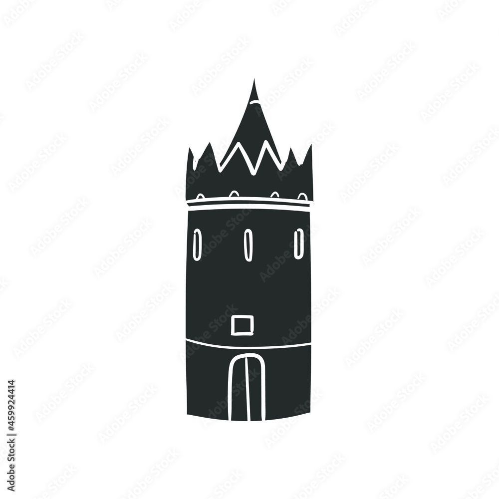 Castle Tower Icon Silhouette Illustration. Medieval Building Vector Graphic Pictogram Symbol Clip Art. Doodle Sketch Black Sign.