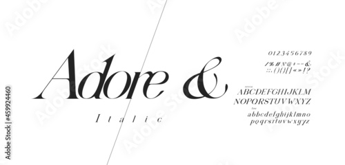 Adore Italic font Set. Lowercase and Uppercase included. Signs and nimerals. Elegant logo and fashion alphabet. Contemporary Art style.
