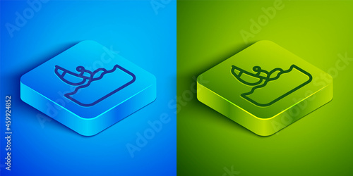 Isometric line Windsurfing icon isolated on blue and green background. Square button. Vector