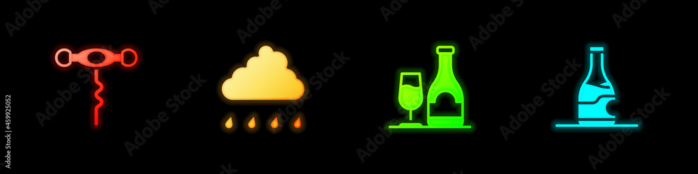 Set Wine corkscrew, Cloud with rain, bottle glass and Bottle of wine icon. Vector Set Wine corkscrew, Cloud with rain, bottle glass and Bottle of wine icon. Vector