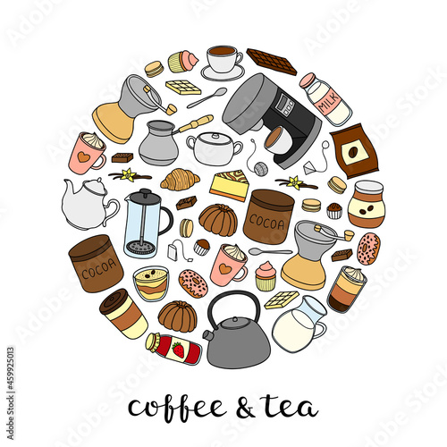 Hand drawn coffee, tea and cocoa items in circle.