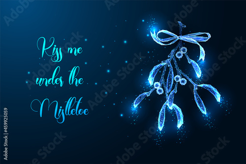 Glowing Christmas digital greeting card template with mistletoe bunch and text kiss me under mistletoe