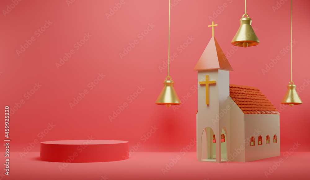 Merry Christmas decoration display podium background with church and bell. 3d rendering