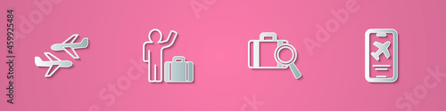 Set paper cut Plane, Tourist with suitcase, Lost baggage and Mobile ticket icon. Paper art style. Vector