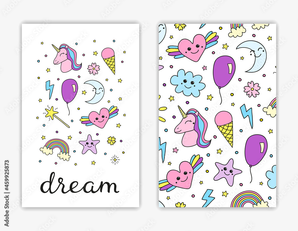 Card templates with hand drawn cute items.