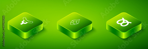 Set Isometric Hop, Pretzel and Sausage on the fork icon. Vector