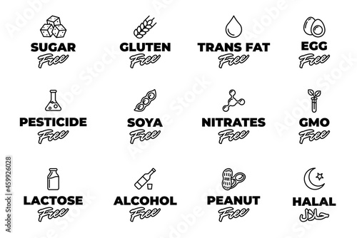Food and cosmetic labeling badges set. Halal arabic script certificate tag. Healthy and natural product package marking elements. Non dangerous components black vector isolated illustration