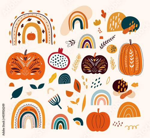 Autumn collection with pumpkins, leaves and rainbows. Bright autumn design with pumpkins, leaves and abstract shapes.