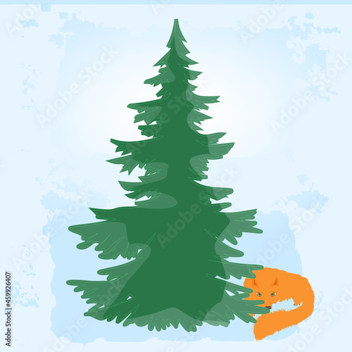 Abstract Christmas tree on a gentle winter background, red fox - art illustration - vector. New Year. Christmas.