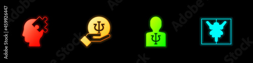 Set Solution to the problem, Psychology, Psi, and Rorschach test icon. Vector
