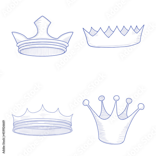 Set of hand-drawn crowns. Vector illustration in doodle style.