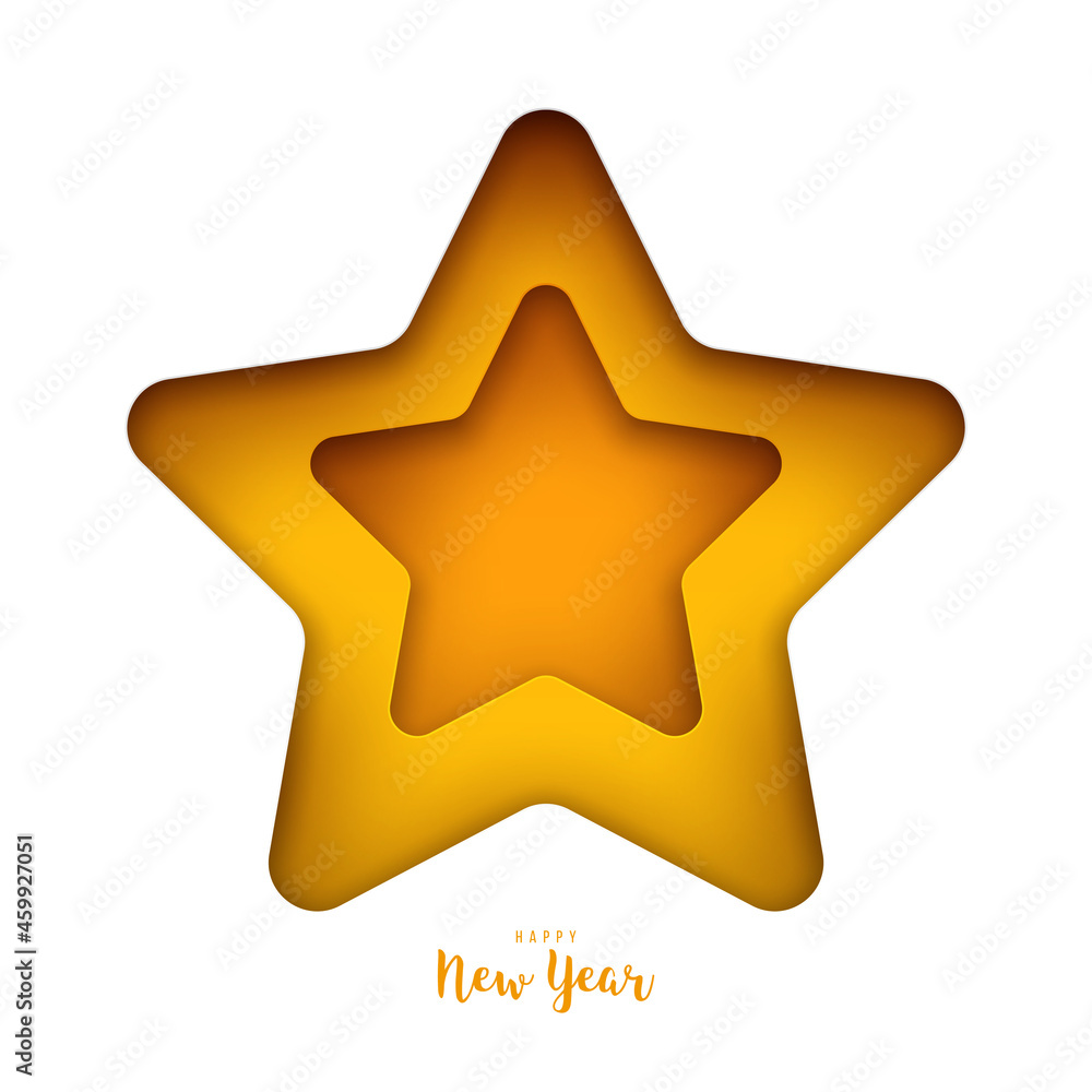 Happy new year abstract background. Yellow star in modern paper cut style isolated on white color. Minimalistic art holiday composition. Template design for banner, card, cover. Vector illustration. Happy new year abstract background. Yellow star in modern paper cut style isolated on white color. Minimalistic art holiday composition. Template design for banner, card, cover. Vector illustration.