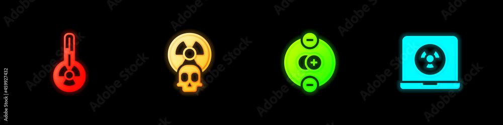 Set Meteorology thermometer, Radioactive, Atom and Nuclear laptop icon. Vector Set Meteorology thermometer, Radioactive, Atom and Nuclear laptop icon. Vector