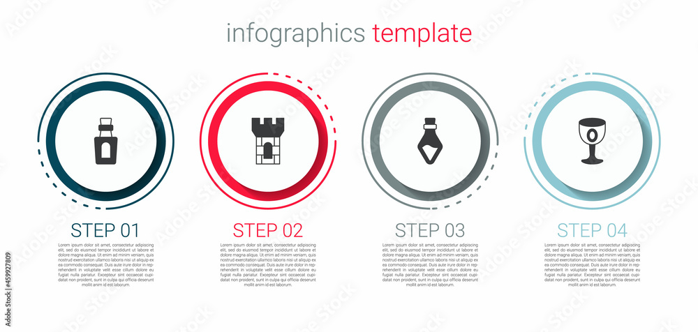 Set Bottle with potion, Castle tower, and Medieval goblet. Business infographic template. Vector Set Bottle with potion, Castle tower, and Medieval goblet. Business infographic template. Vector