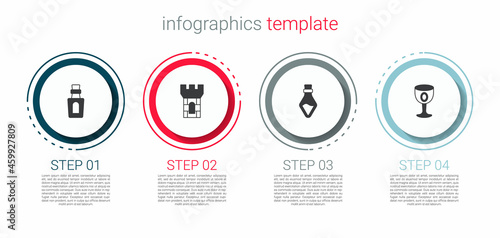 Set Bottle with potion, Castle tower, and Medieval goblet. Business infographic template. Vector