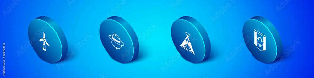 Set Isometric Wind turbine, Indian teepee or wigwam, Pennant flag of Canada and Canadian ranger hat icon. Vector Set Isometric Wind turbine, Indian teepee or wigwam, Pennant flag of Canada and Canadian ranger hat icon. Vector