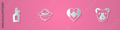 Set paper cut Bottle of maple syrup, Canadian ranger hat, Heart shaped Canada flag and Bear head icon. Paper art style. Vector