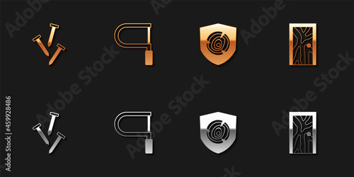 Set Metallic nails, Hacksaw, Wooden logs and Closed door icon. Vector