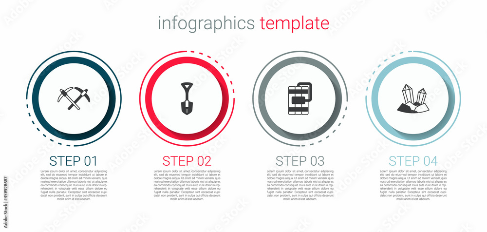Set Pickaxe, Shovel, Dynamite and Gem stone. Business infographic template. Vector Set Pickaxe, Shovel, Dynamite and Gem stone. Business infographic template. Vector