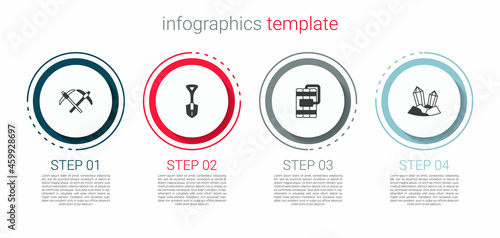 Set Pickaxe, Shovel, Dynamite and Gem stone. Business infographic template. Vector