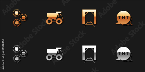 Set Gem stone, Mining dump truck, Mine entrance and Dynamite icon. Vector