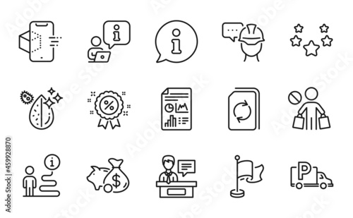 Business icons set. Included icon as Augmented reality, Dirty water, Stars signs. Piggy bank, Exhibitors, Update document symbols. Foreman, Discount, Truck parking. Flag, Report document. Vector