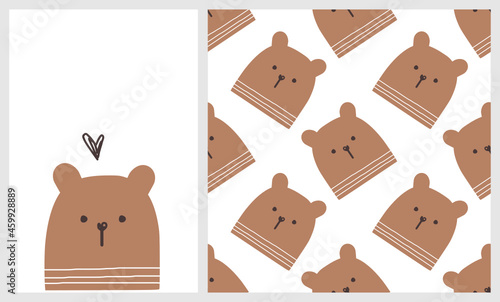 Seamless pattern with brown bear cartoons on white background. Bear cartoon and hand drawn heart on white background vector. 