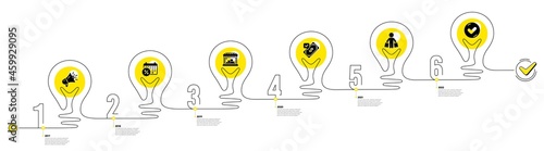 Lightbulb journey path infographics. Trade Infographic timeline with 6 steps. Shopping process diagram with Discounts calendar, Shop, Payment and Shopper with purchases icons. Vector