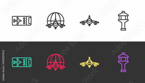 Set line Airline ticket, Globe with flying plane, Plane and Airport control tower on black and white. Vector