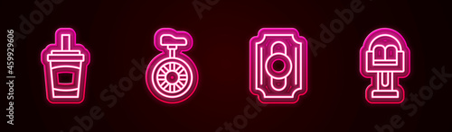 Set line Paper glass with water, Unicycle or one wheel bicycle, Circus ticket and Attraction carousel. Glowing neon icon. Vector