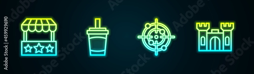Set line Ticket box office, Paper glass with water, Target sport and Castle. Glowing neon icon. Vector