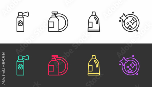 Set line Air freshener spray bottle, Dishwashing liquid, Bottle for cleaning agent and Washing dishes on black and white. Vector