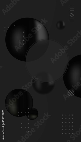 3D illustration. Vector dark background. Dark gray abstraction. Dark gray balls.