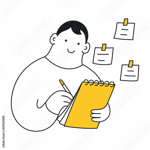 Cute cartoon man writing notes, write on sticky notes develop the business project in the office, brainstorming engaged in creative thinking, make startup plan. Thin line vector illustration on white