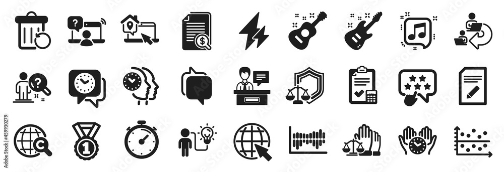Set of Education icons, such as Delegate work, Exhibitors, International Copyright icons. Musical note, Search employee, Justice scales signs. Clock, Ranking star, Financial documents. Vector