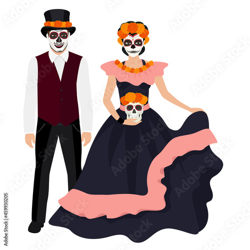 Vector Dia de Los Muertos. Day of the Dead or Mexico. Couple celebrate typical Mexican holiday, wear special costumes. Vector illustration.