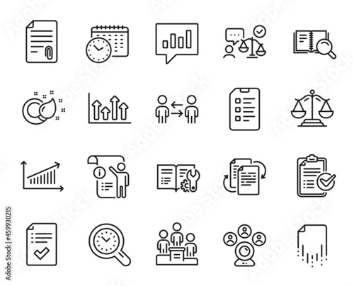 Vector set of Teamwork business, Checklist and Justice scales line icons set. Recovery file, Engineering documentation and Bureaucracy icons. Lawyer, Chart and Attachment signs. Vector