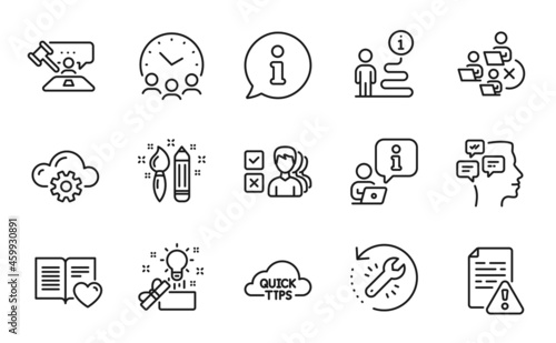 Education icons set. Included icon as Creativity, Meeting time, Quick tips signs. Creative idea, Opinion, Messages symbols. Recovery tool, Judge hammer, Love book. Cloud computing. Vector