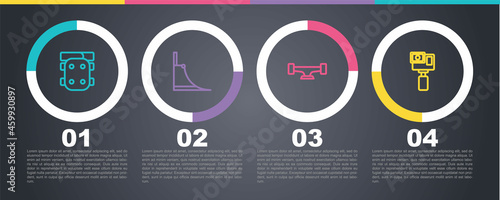 Set line Knee pads, Skate park, Skateboard wheel and Action camera. Business infographic template. Vector