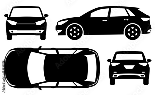 Crossover silhouette on white background. Vehicle icons set view from side, front, back, and top