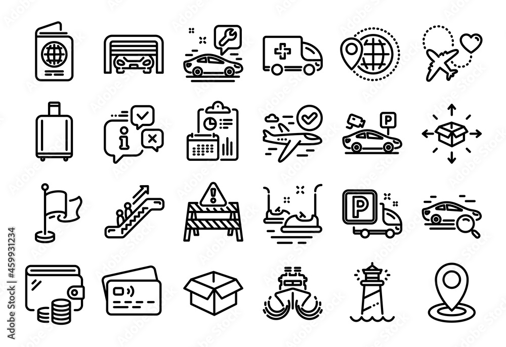 Vector set of Confirmed flight, Lighthouse and Escalator line icons set. Calendar report, Money wallet and Credit card tag. Search car, Location and Honeymoon travel icons. Vector