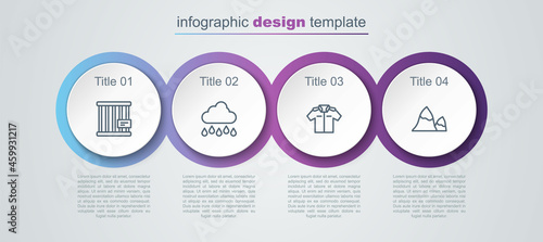 Set line Animal cage, Cloud with rain, Shirt and Mountains. Business infographic template. Vector