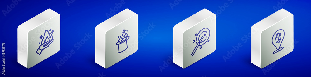 Set Isometric line Hand holding fire, Magic hat, wand and stone icon. Vector Set Isometric line Hand holding fire, Magic hat, wand and stone icon. Vector
