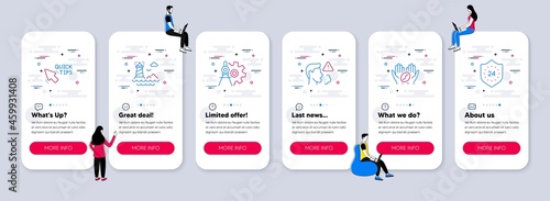 Vector Set of line icons related to Quick tips, Cogwheel dividers and Cough icons. UI phone app screens with teamwork. Lighthouse, Coffee and 24 hours line symbols. Vector