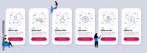 Set of Industrial icons, such as Engineer, Lighthouse, Operational excellence icons. UI phone app screens with teamwork. Parcel tracking, Home, Energy line symbols. Vector