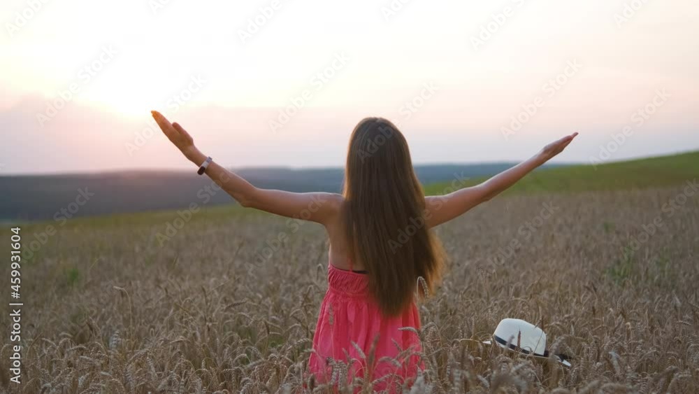 Back view of young happy woman in red summer dress and straw hat standing on yellow farm meadow with ripe golden wheat raising up her hands enjoying warm evening. Back view of young happy woman in red summer dress and straw hat standing on yellow farm meadow with ripe golden wheat raising up her hands enjoying warm evening.