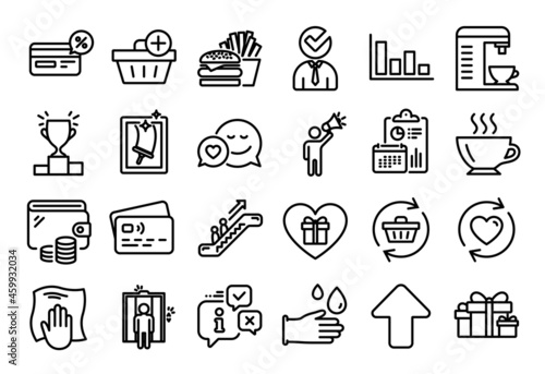 Vector set of Coffee, Add purchase and Burger line icons set. Calendar report, Money wallet and Credit card tag. Escalator, Holiday presents and Romantic gift icons. Vector