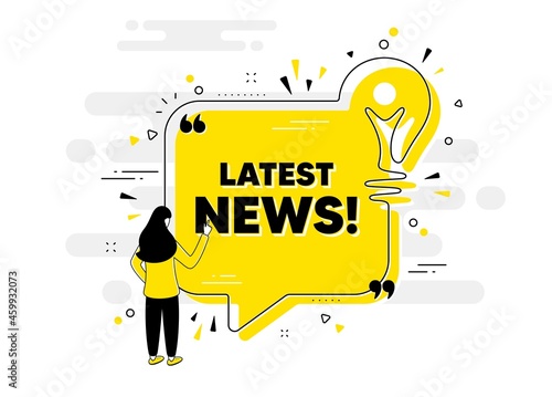 Latest news text. Idea chat bubble banner with person. Media newspaper sign. Daily information symbol. Latest news chat message lightbulb. Idea light bulb people background. Vector