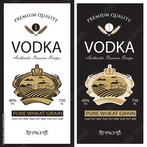 collection of vodka labels with royal crown, field and ears of wheat in retro style